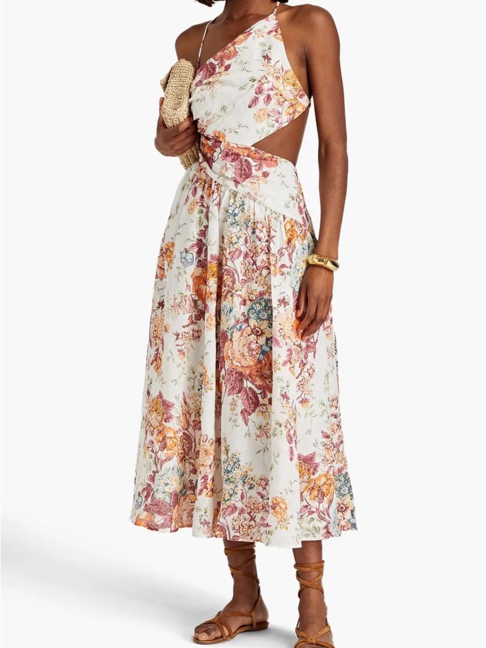 Zimmermann PattieCream Floral Cutout Halter Midi Dress with Pink and Rust Blooms
